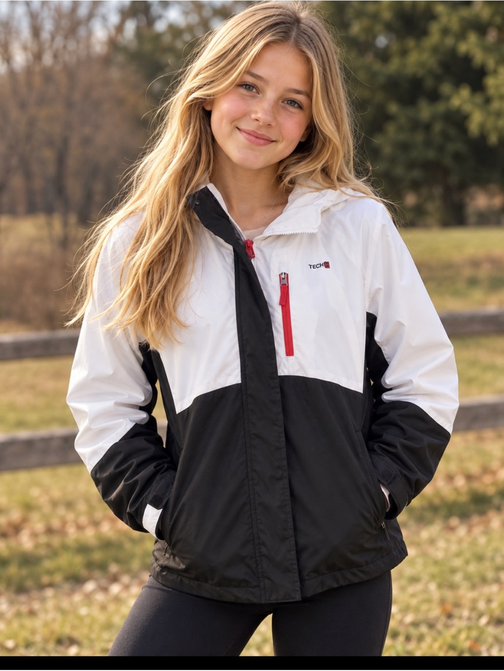 Swiss Tech Kids White, Black & Red Colorblock Hooded Rain Jacket